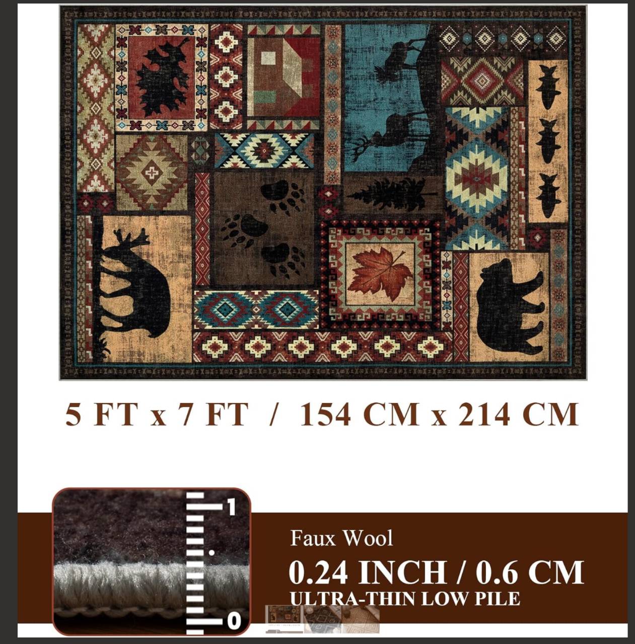 Cabin Lodge Area Rug Southwestern Wildlife Bear Moose Washable Non-Slip Carpet FGYSW