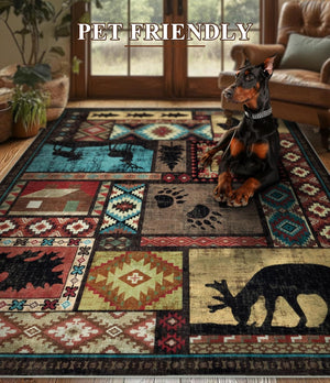 Cabin Lodge Area Rug Southwestern Wildlife Bear Moose Washable Non-Slip Carpet FGYSW