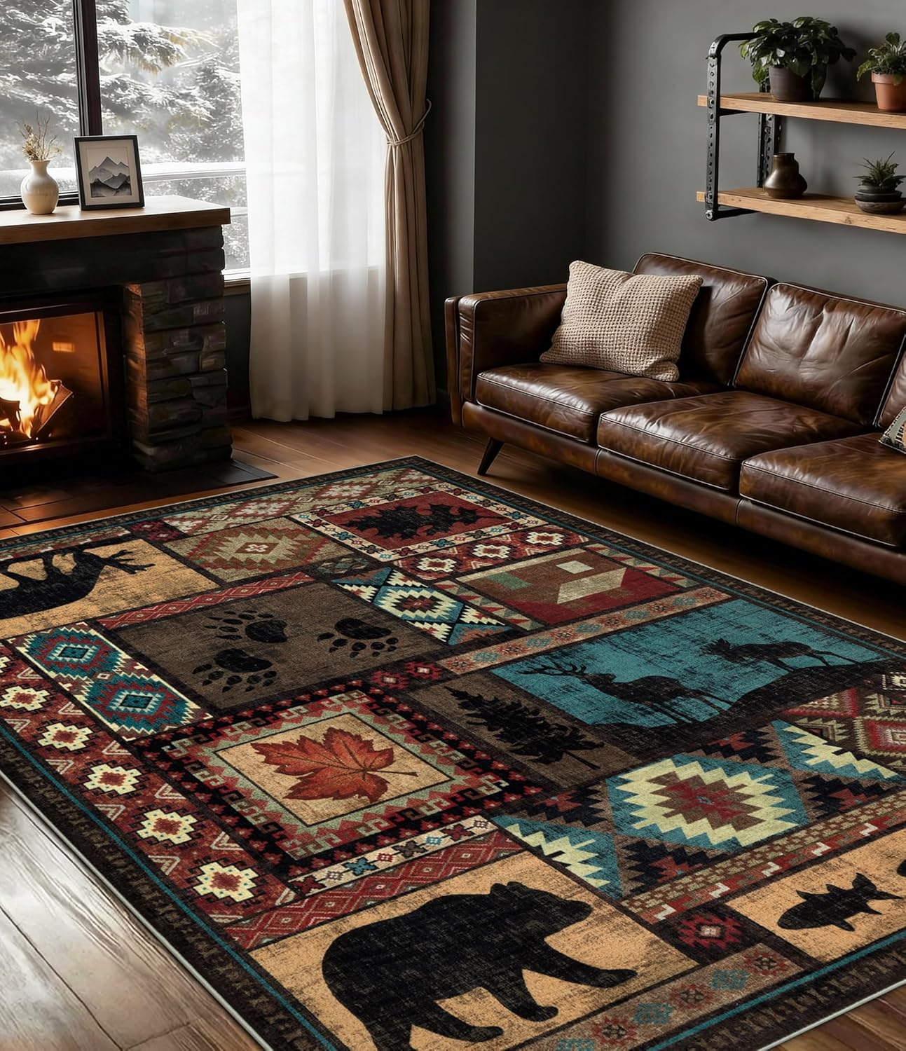 Cabin Lodge Area Rug Southwestern Wildlife Bear Moose Washable Non-Slip Carpet FGYSW