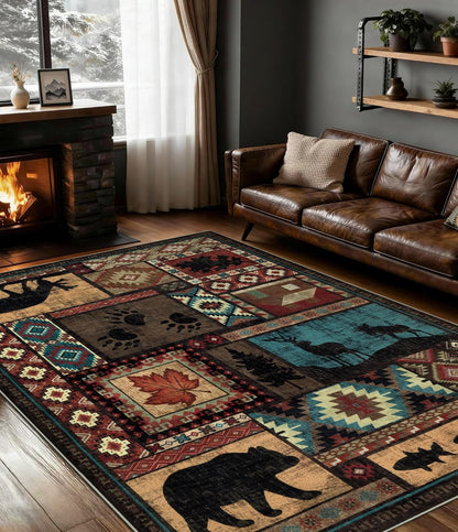 Cabin Lodge Area Rug Southwestern Wildlife Bear Moose Washable Non-Slip Carpet FGYSW