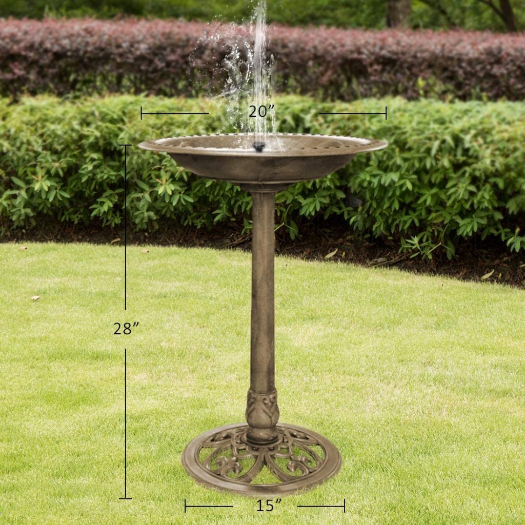 Antique copper polyresin bird bath with solar fountain

Top-down view of bird bath basin and solar pump

Decorative outdoor bird bath with stable pedestal base

Multiple fountain head options for water spray pattern

Garden setting with bird bath and solar-powered water feature