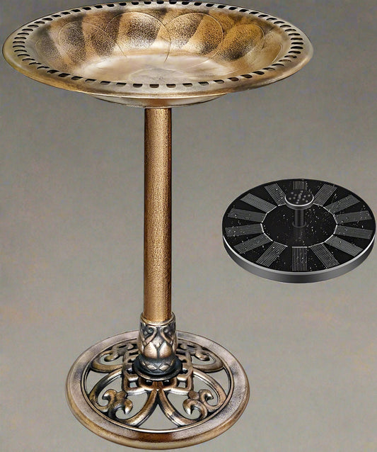 Antique copper polyresin bird bath with solar fountain

Top-down view of bird bath basin and solar pump

Decorative outdoor bird bath with stable pedestal base

Multiple fountain head options for water spray pattern

Garden setting with bird bath and solar-powered water feature