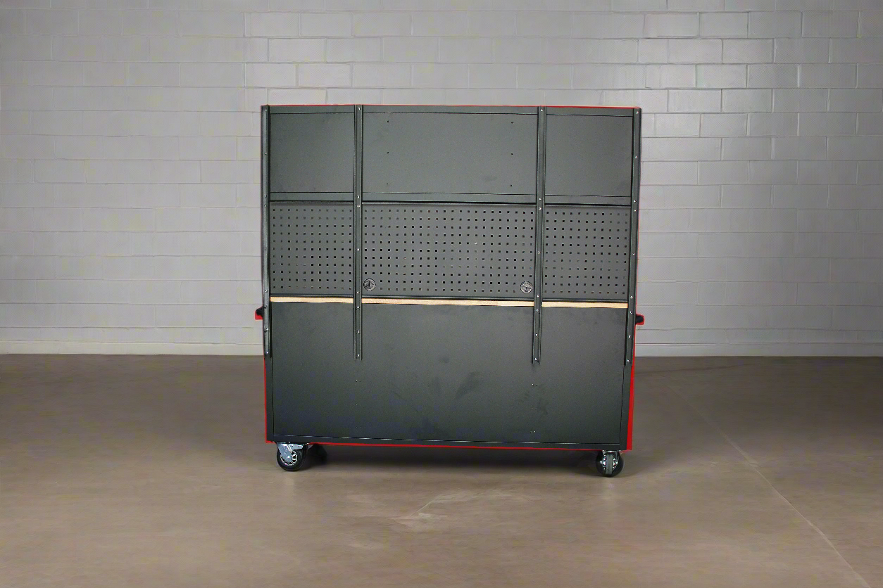 Red 17-drawer rolling tool chest with workbench top
Heavy-duty garage tool cabinet with rubberwood work surface
Industrial mobile workbench with 15 smooth-glide drawers
Garage storage cabinet with aluminum handles and locking system