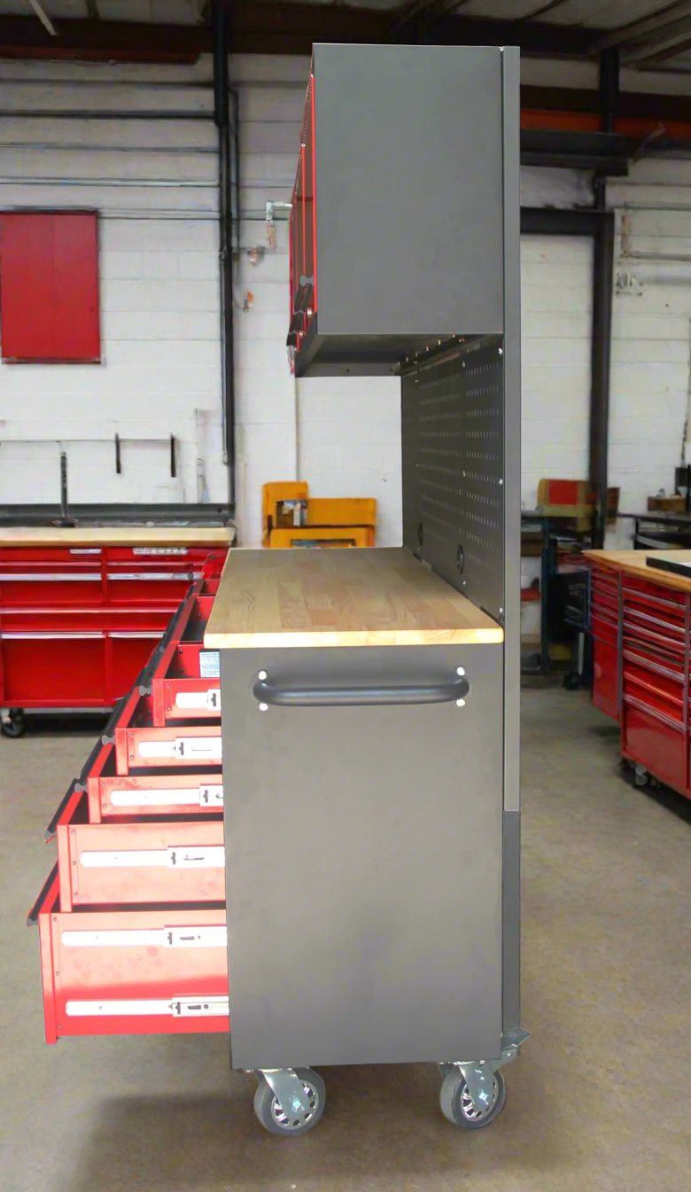 Red 17-drawer rolling tool chest with workbench top
Heavy-duty garage tool cabinet with rubberwood work surface
Industrial mobile workbench with 15 smooth-glide drawers
Garage storage cabinet with aluminum handles and locking system