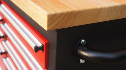 Red 17-drawer rolling tool chest with workbench top
Heavy-duty garage tool cabinet with rubberwood work surface
Industrial mobile workbench with 15 smooth-glide drawers
Garage storage cabinet with aluminum handles and locking system
