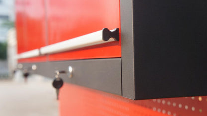 Red 17-drawer rolling tool chest with workbench top
Heavy-duty garage tool cabinet with rubberwood work surface
Industrial mobile workbench with 15 smooth-glide drawers
Garage storage cabinet with aluminum handles and locking system