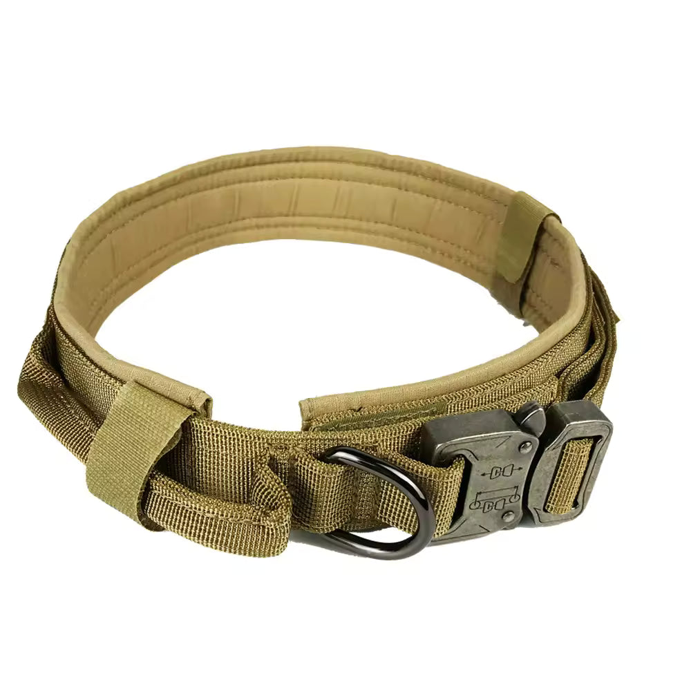 Metal-Buckle Tactical K9 Dog Collar with Handle & Hook-and-Loop Panel – Heavy-Duty Nylon Military Dog Collar | K9C01 Series