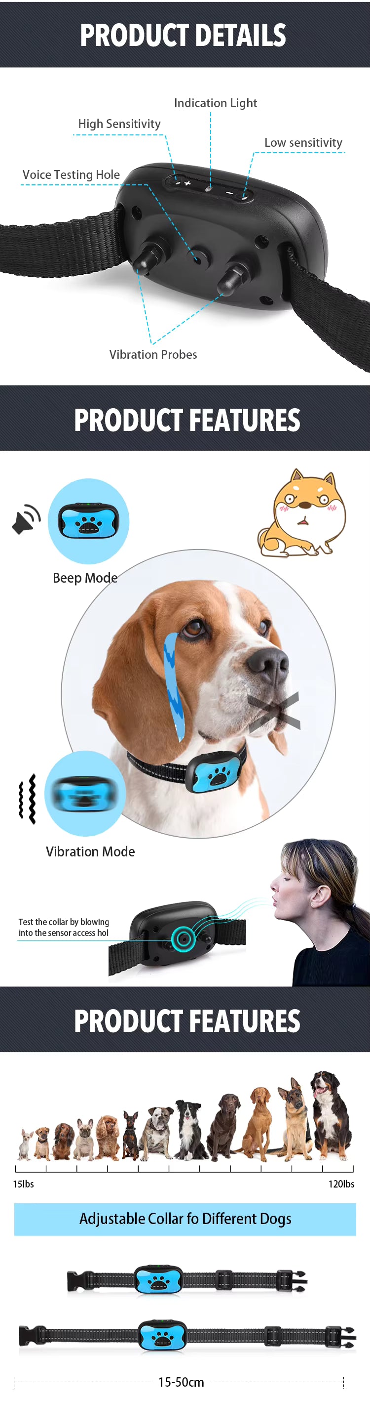 Automatic Dog Bark Collar – Adjustable Anti Bark Training Collar with Sound & Vibration | Battery Powered | TZPET681