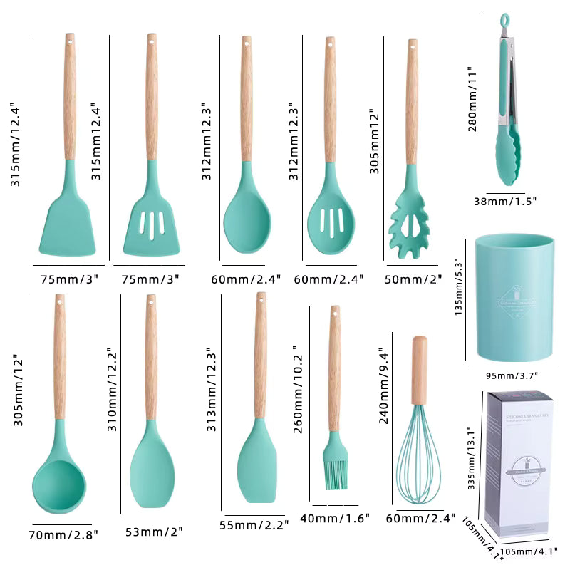 12-Piece Silicone Kitchen Utensil Set with Wooden Handles – Non-Stick Cooking Tools SKUT12