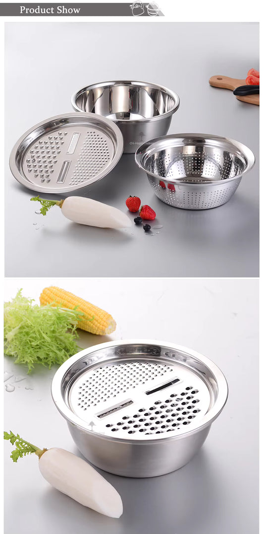 3 Piece Stainless Steel Grater Bowl Set with Draining Basin and Rice Washing Sieve M0423