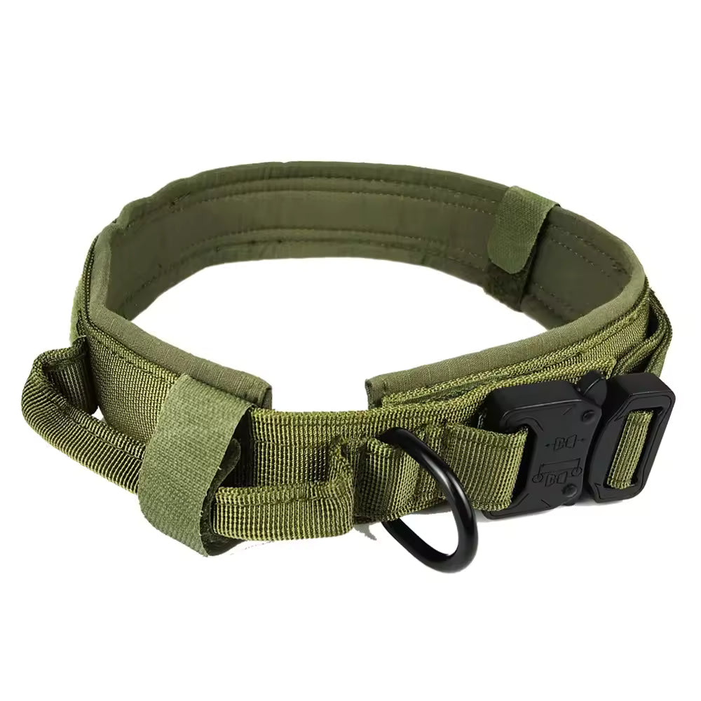 Metal-Buckle Tactical K9 Dog Collar with Handle & Hook-and-Loop Panel – Heavy-Duty Nylon Military Dog Collar | K9C01 Series