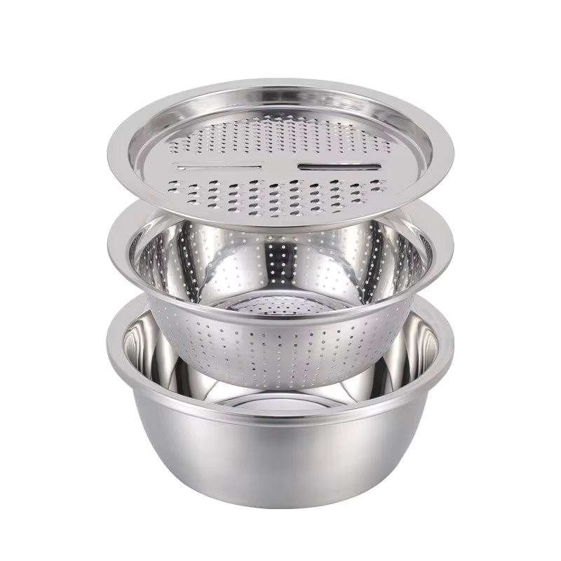3 Piece Stainless Steel Grater Bowl Set with Draining Basin and Rice Washing Sieve M0423
