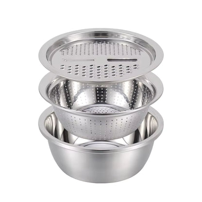 3 Piece Stainless Steel Grater Bowl Set with Draining Basin and Rice Washing Sieve M0423
