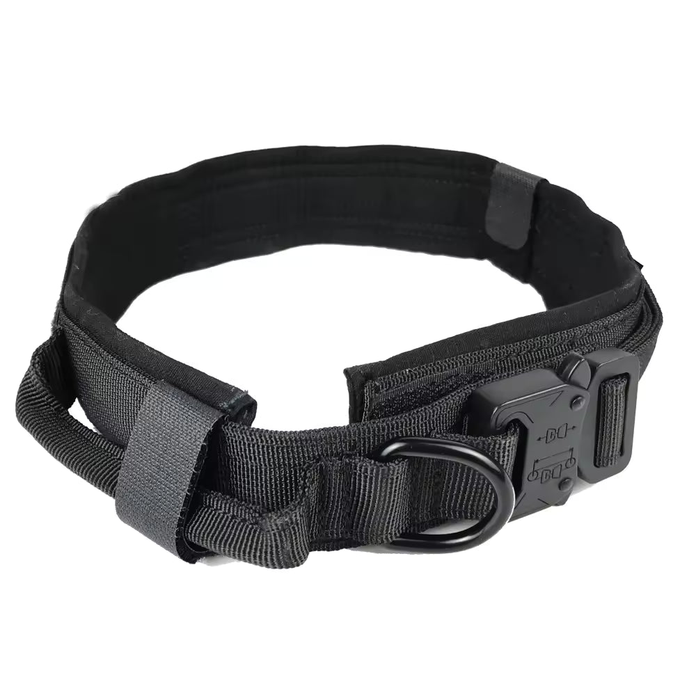 Metal-Buckle Tactical K9 Dog Collar with Handle & Hook-and-Loop Panel – Heavy-Duty Nylon Military Dog Collar | K9C01 Series