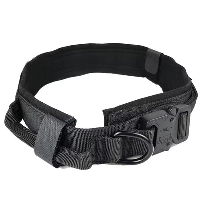 Metal-Buckle Tactical K9 Dog Collar with Handle & Hook-and-Loop Panel – Heavy-Duty Nylon Military Dog Collar | K9C01 Series