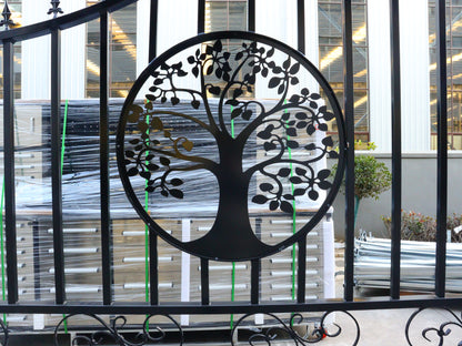 20 FT Heavy-Duty Steel Driveway Gate with Tree of Life Artwork – Black Dual Swing Farm Gate Kit SU20TL