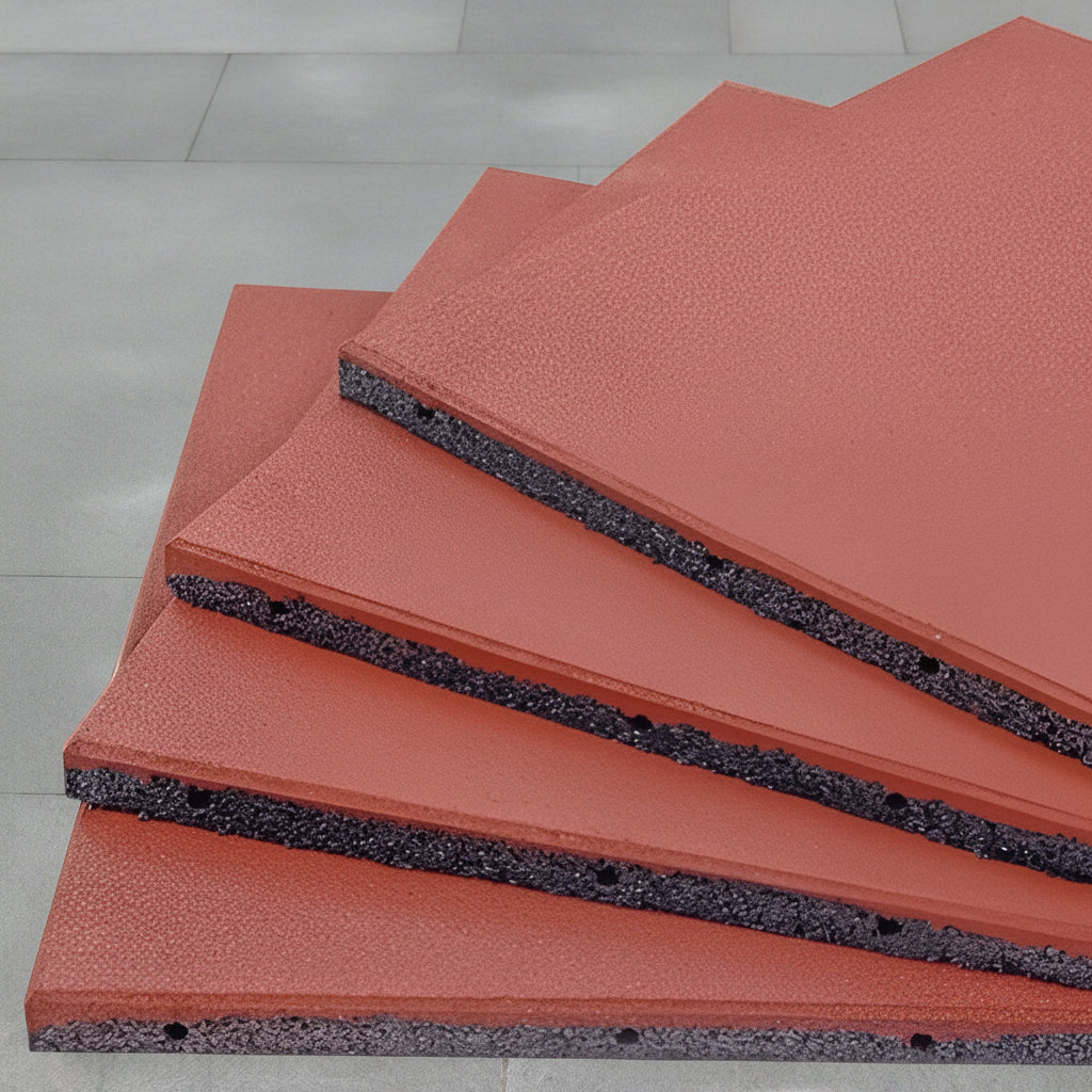 Interlocking red rubber patio tile close-up

20x20 rubber tile stacked set – top view

Playground flooring tile – angled corner

Red rubber tiles for outdoor use

Rubber tile texture – slip-resistant surface