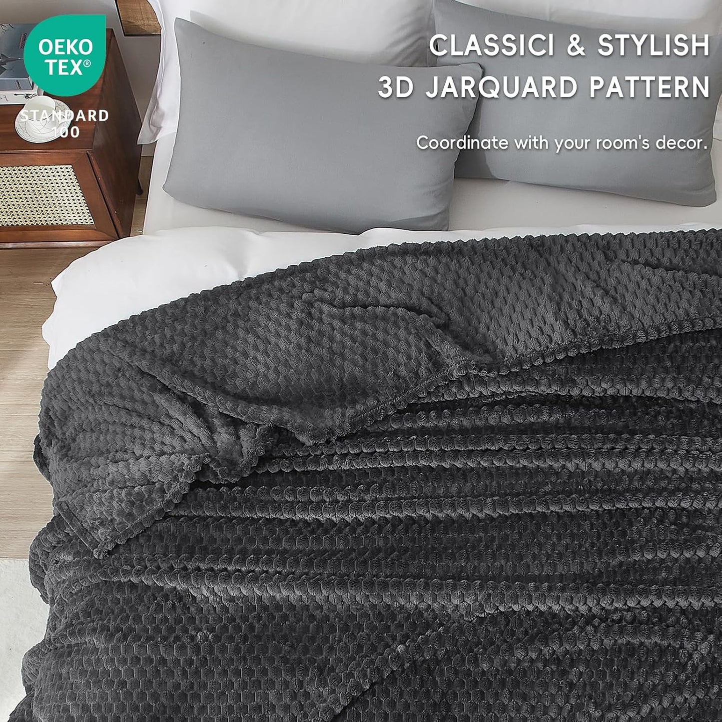 3D Jacquard Flannel Fleece Blanket Plush Soft Throw 50x60 60x80 90x90 Inches JFFBLK