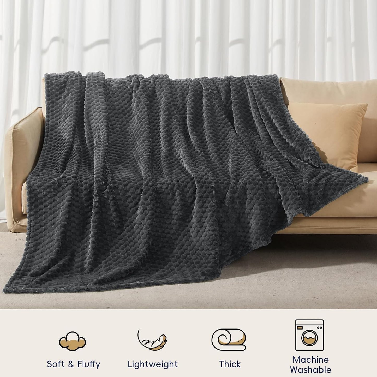 3D Jacquard Flannel Fleece Blanket Plush Soft Throw 50x60 60x80 90x90 Inches JFFBLK