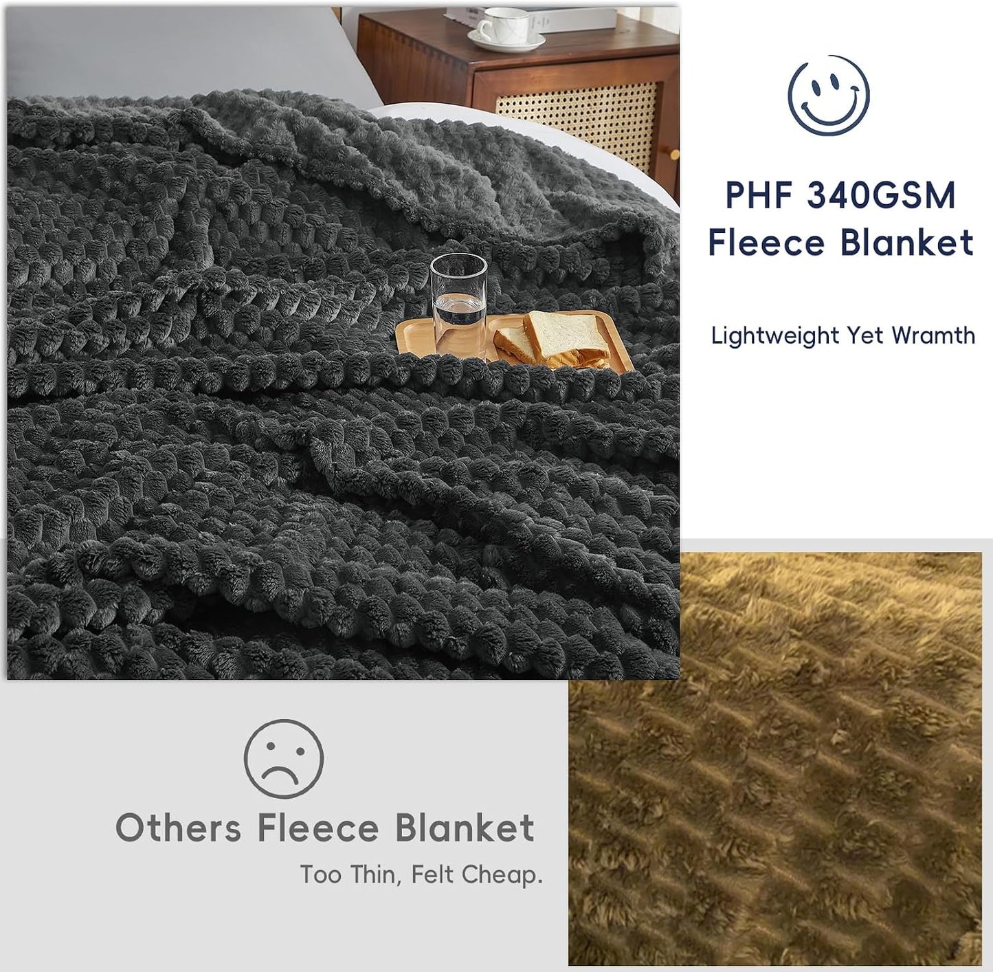 3D Jacquard Flannel Fleece Blanket Plush Soft Throw 50x60 60x80 90x90 Inches JFFBLK