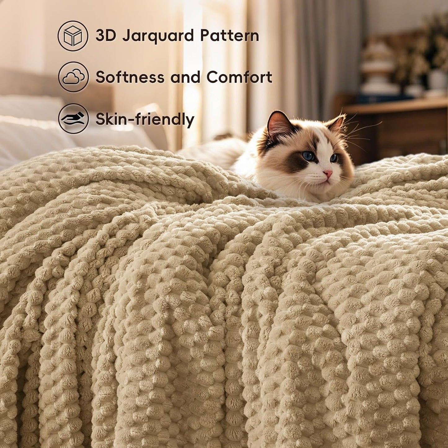 3D Jacquard Flannel Fleece Blanket Plush Soft Throw 50x60 60x80 90x90 Inches JFFBLK
