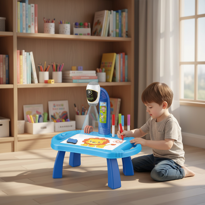 Kids Projection Drawing Board Blue Art Table Projector Painting Set JY480489