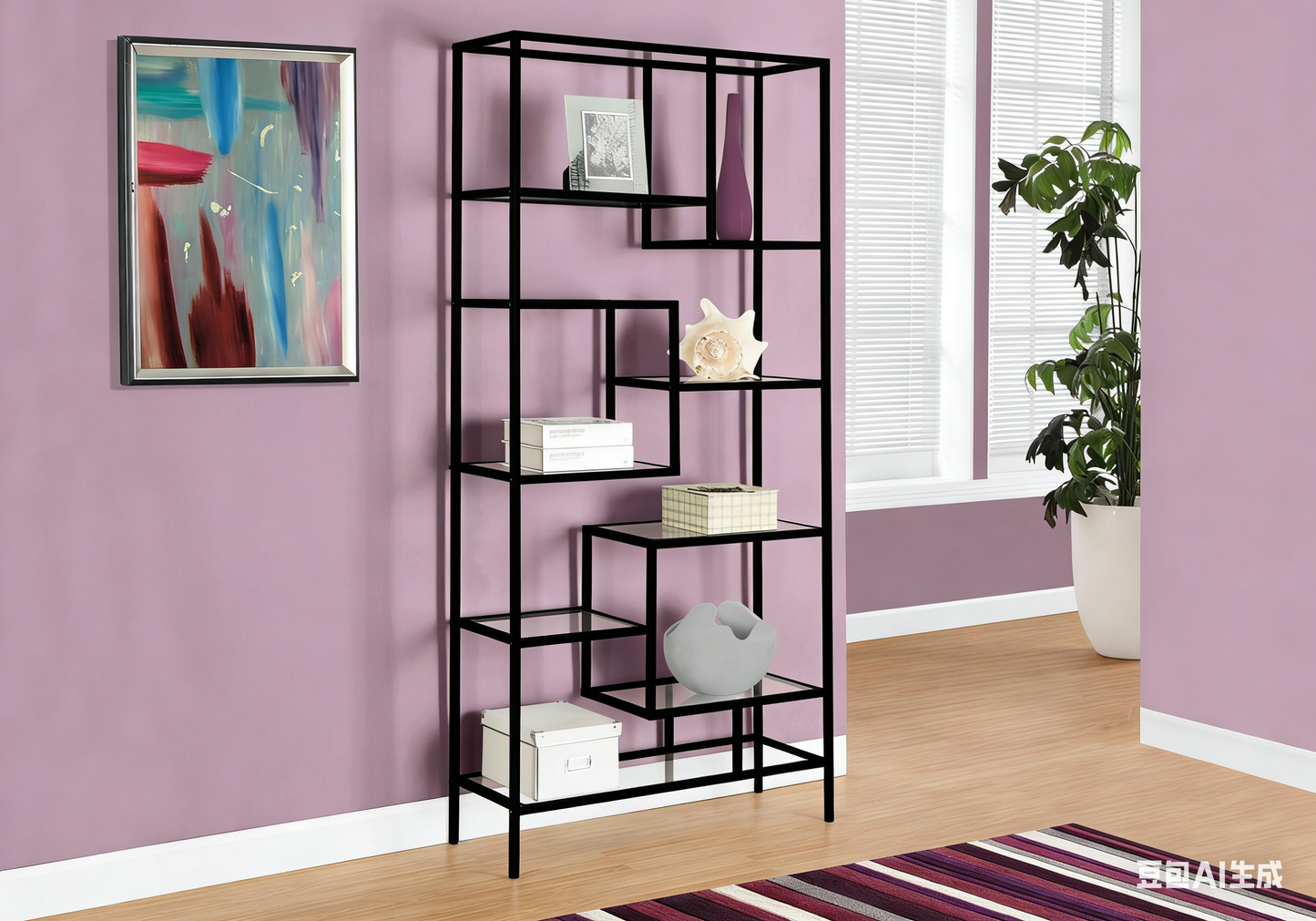 72″ Modern 5 Tier Display Shelf Black Metal Frame Tempered Glass Bookcase 32″ K7159
