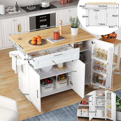 Rolling Kitchen Island Cart with Folding Worktop, Storage Cabinet, Drawer & Spice Rack on Wheels KI001WT