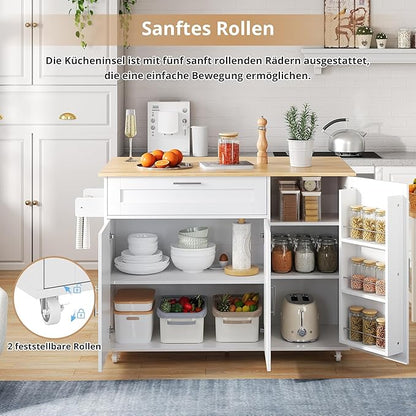Rolling Kitchen Island Cart with Folding Worktop, Storage Cabinet, Drawer & Spice Rack on Wheels KI001WT