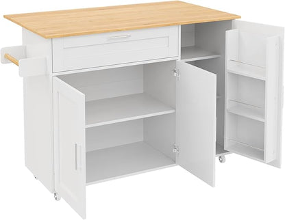 Rolling Kitchen Island Cart with Folding Worktop, Storage Cabinet, Drawer & Spice Rack on Wheels KI001WT