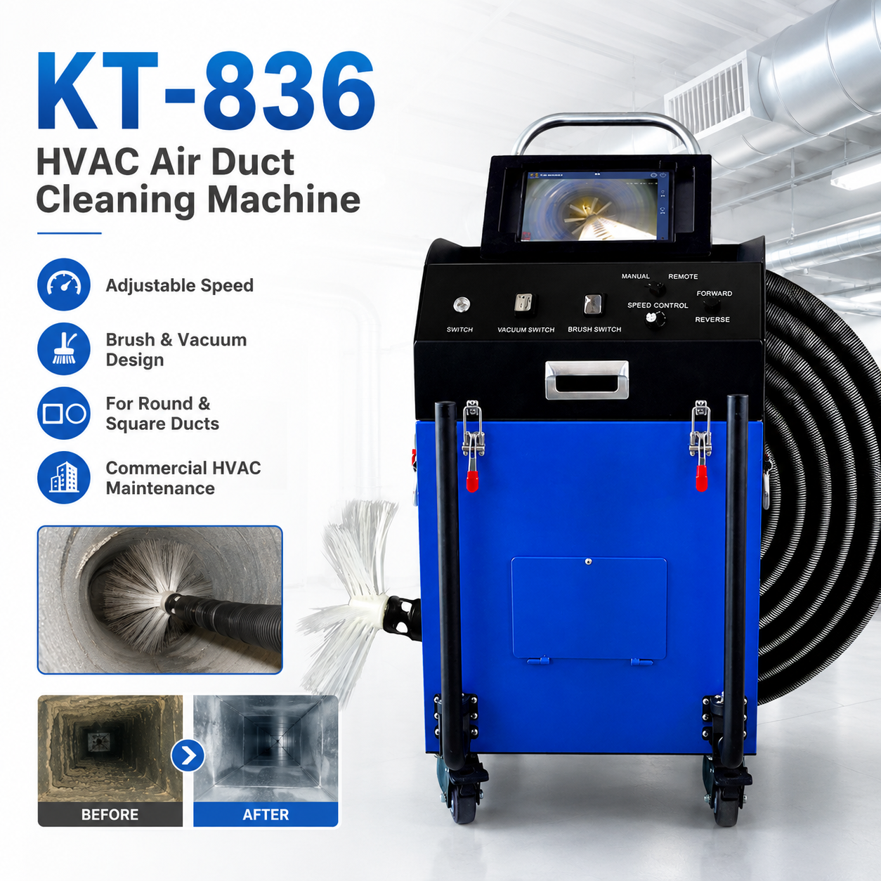 Commercial Air Duct Cleaning Machine with Vacuum, Camera, 10" LCD Screen & Rotary Brush System KT836