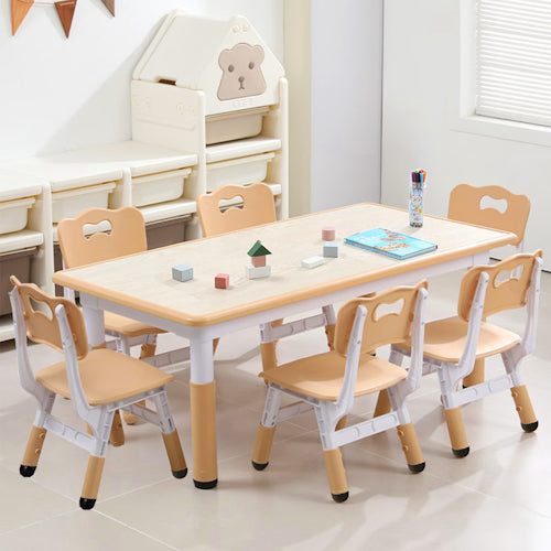 Kids Table and 6 Chairs Set – Height Adjustable Activity Table for Ages 3–10 KTC610W