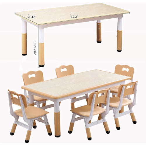 Kids Table and 6 Chairs Set – Height Adjustable Activity Table for Ages 3–10 KTC610W