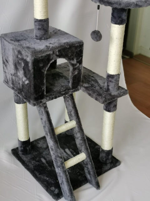 Gray multi-level cat tower with scratching posts and ladder
Cat climbing condo with enclosed space and jute posts
Sturdy XL cat tree furniture for multiple cats
Indoor cat activity tower with neutral color
Durable cat tower with platforms and hideout