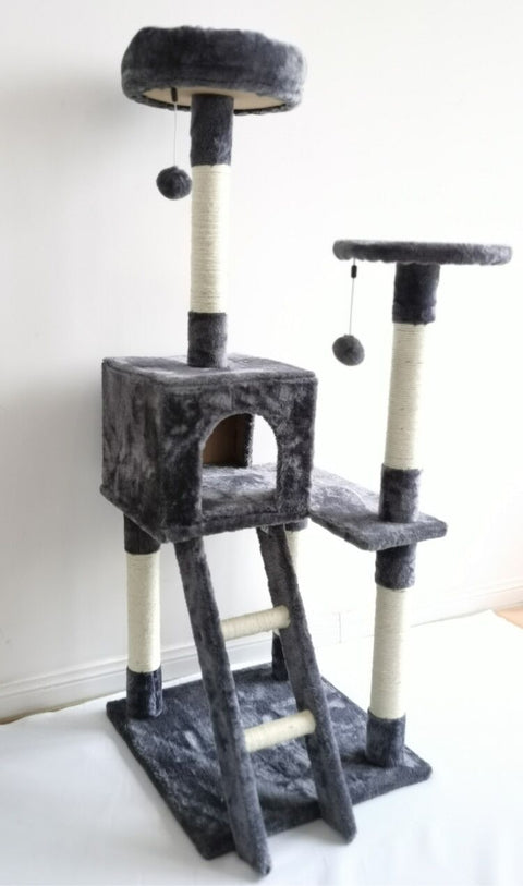 Gray multi-level cat tower with scratching posts and ladder
Cat climbing condo with enclosed space and jute posts
Sturdy XL cat tree furniture for multiple cats
Indoor cat activity tower with neutral color
Durable cat tower with platforms and hideout