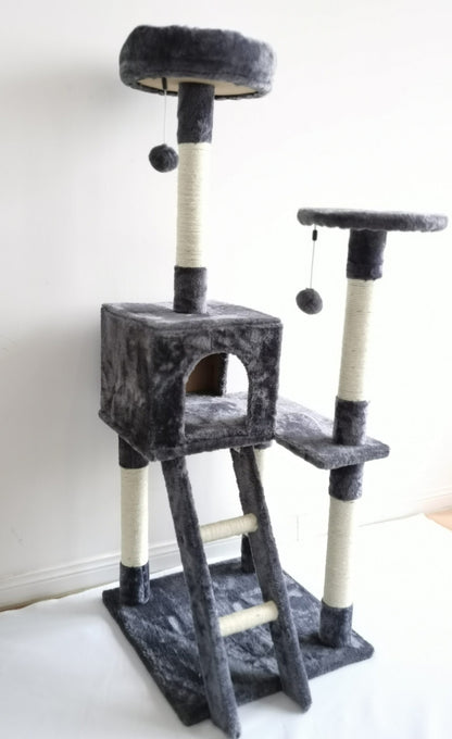 Gray multi-level cat tower with scratching posts and ladder
Cat climbing condo with enclosed space and jute posts
Sturdy XL cat tree furniture for multiple cats
Indoor cat activity tower with neutral color
Durable cat tower with platforms and hideout