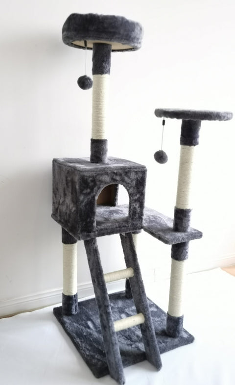 Gray multi-level cat tower with scratching posts and ladder
Cat climbing condo with enclosed space and jute posts
Sturdy XL cat tree furniture for multiple cats
Indoor cat activity tower with neutral color
Durable cat tower with platforms and hideout