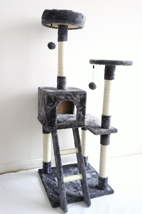 Gray multi-level cat tower with scratching posts and ladder
Cat climbing condo with enclosed space and jute posts
Sturdy XL cat tree furniture for multiple cats
Indoor cat activity tower with neutral color
Durable cat tower with platforms and hideout