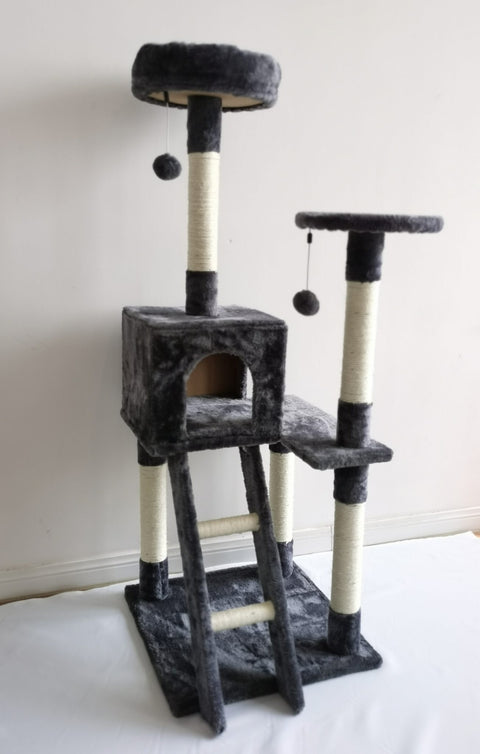 Gray multi-level cat tower with scratching posts and ladder
Cat climbing condo with enclosed space and jute posts
Sturdy XL cat tree furniture for multiple cats
Indoor cat activity tower with neutral color
Durable cat tower with platforms and hideout