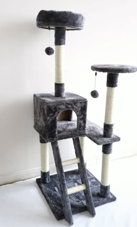 Gray multi-level cat tower with scratching posts and ladder
Cat climbing condo with enclosed space and jute posts
Sturdy XL cat tree furniture for multiple cats
Indoor cat activity tower with neutral color
Durable cat tower with platforms and hideout