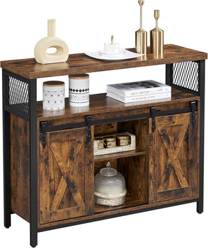 Buffet Cabinet with Sliding Barn Doors, Coffee Bar Cabinet, Sideboard Storage Cabinet with Adjustable Shelves for Dining Room, Living Room and Kitchen Rustic Brown and Ink Black LSC092B01