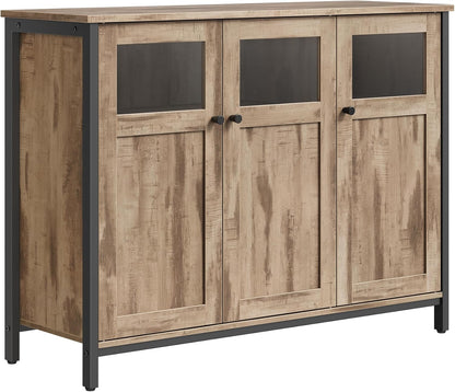 Industrial Sideboard Storage Cabinet with 3 Doors, Buffet Cabinet with Adjustable Shelves, Kitchen Storage Cabinet for Dining Room, Living Room and Entryway Camel Brown and Ink Black LSC099K02