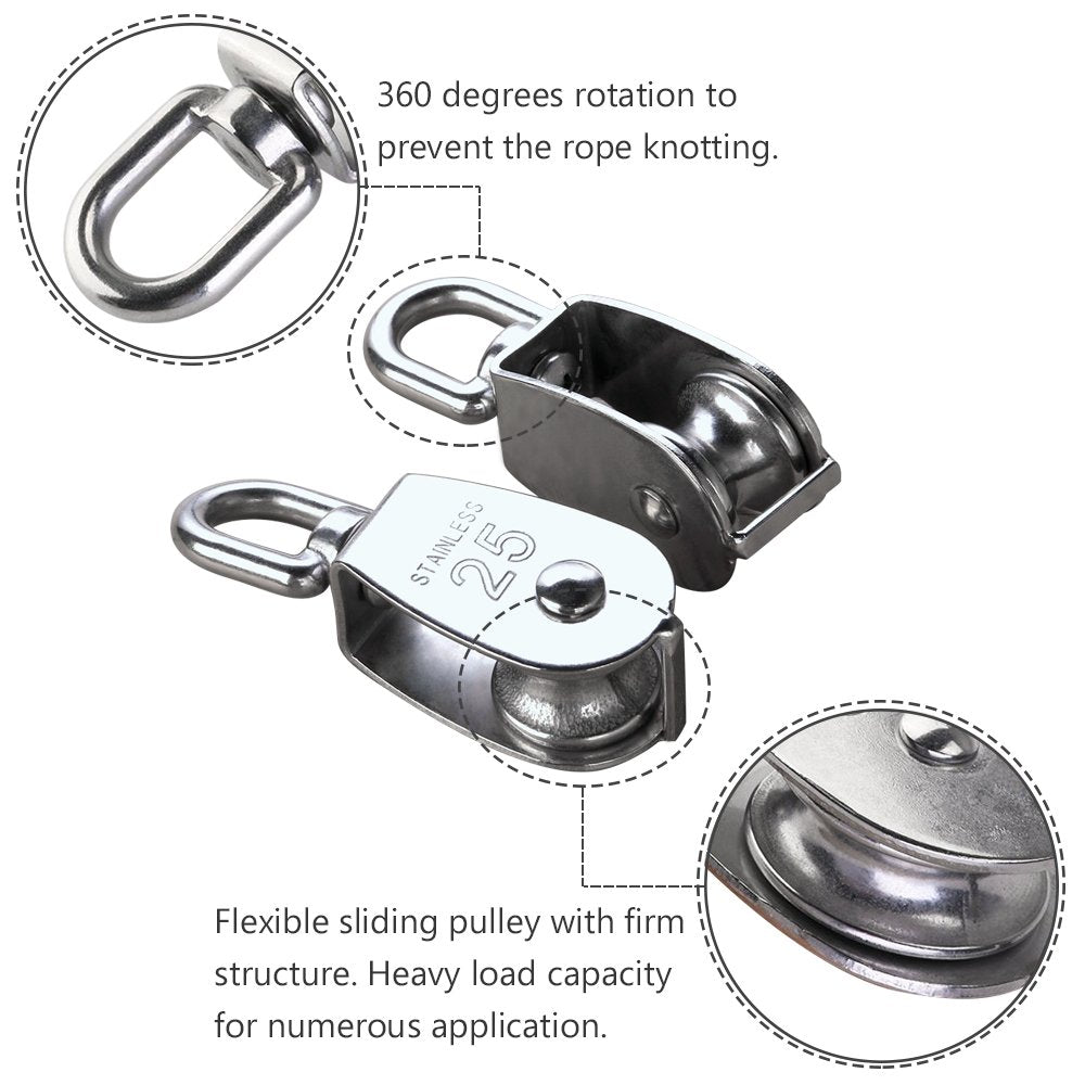 304 Stainless Steel Single Pulley Block Sets for Wire Rope, Hanging, Towing, Light Lifting & Utility Rigging