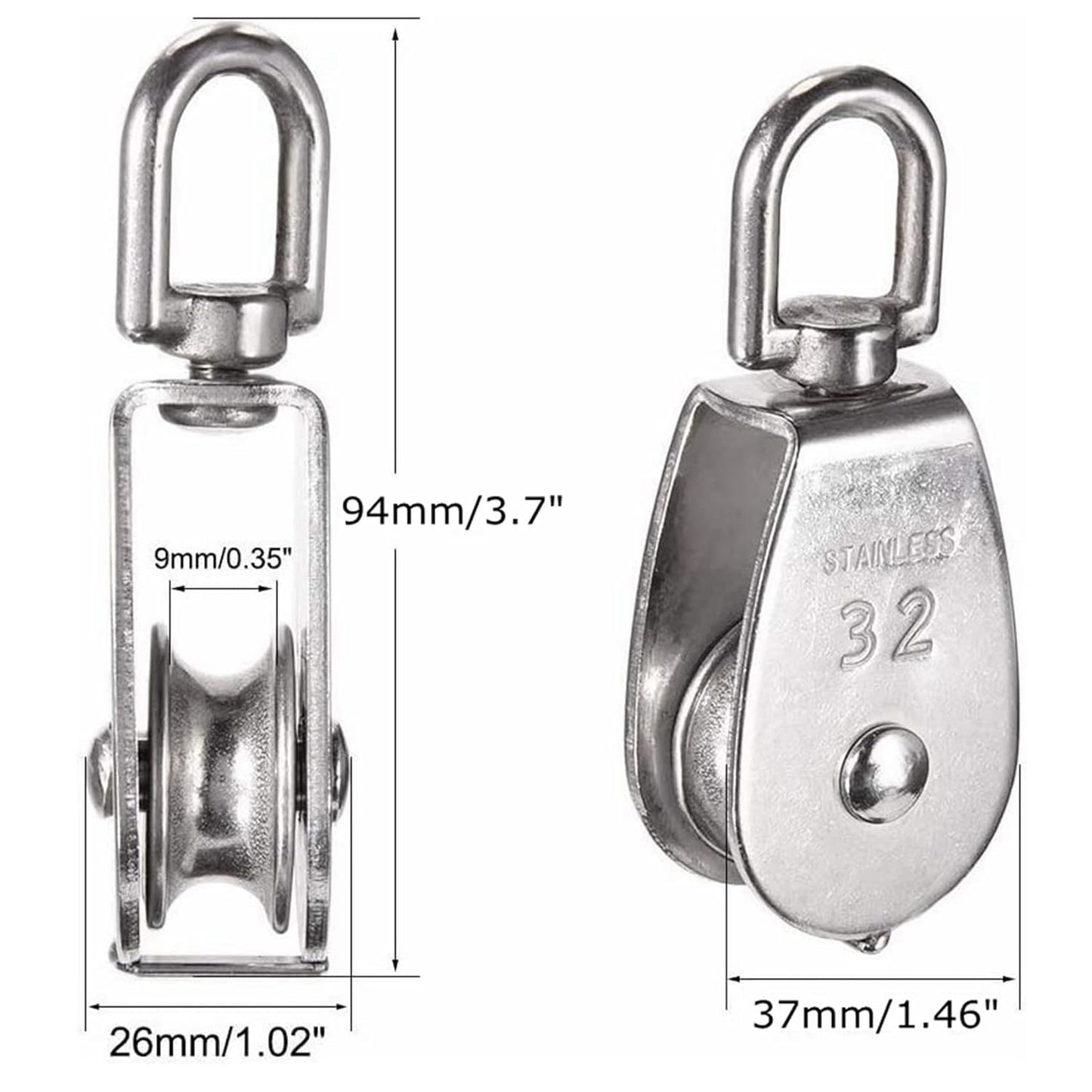 304 Stainless Steel Single Pulley Block Sets for Wire Rope, Hanging, Towing, Light Lifting & Utility Rigging