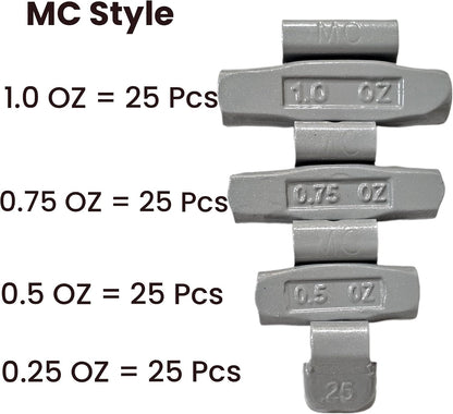 100pc Wheel Weights Set 0.25–1oz Clip-On Assorted Styles