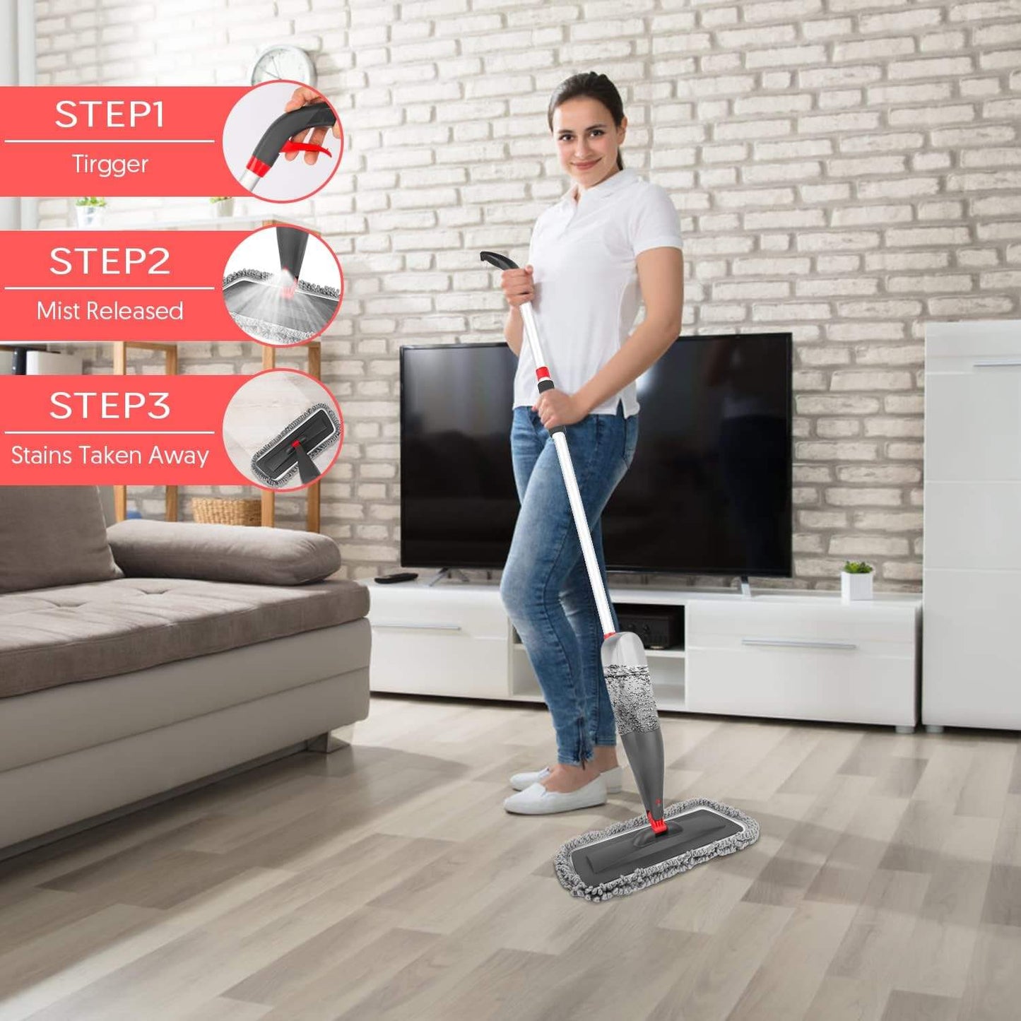 Microfiber Spray Mop Floor Cleaner with 3 Washable Pads Refillable Water Tank Flat Mop System MFM2295