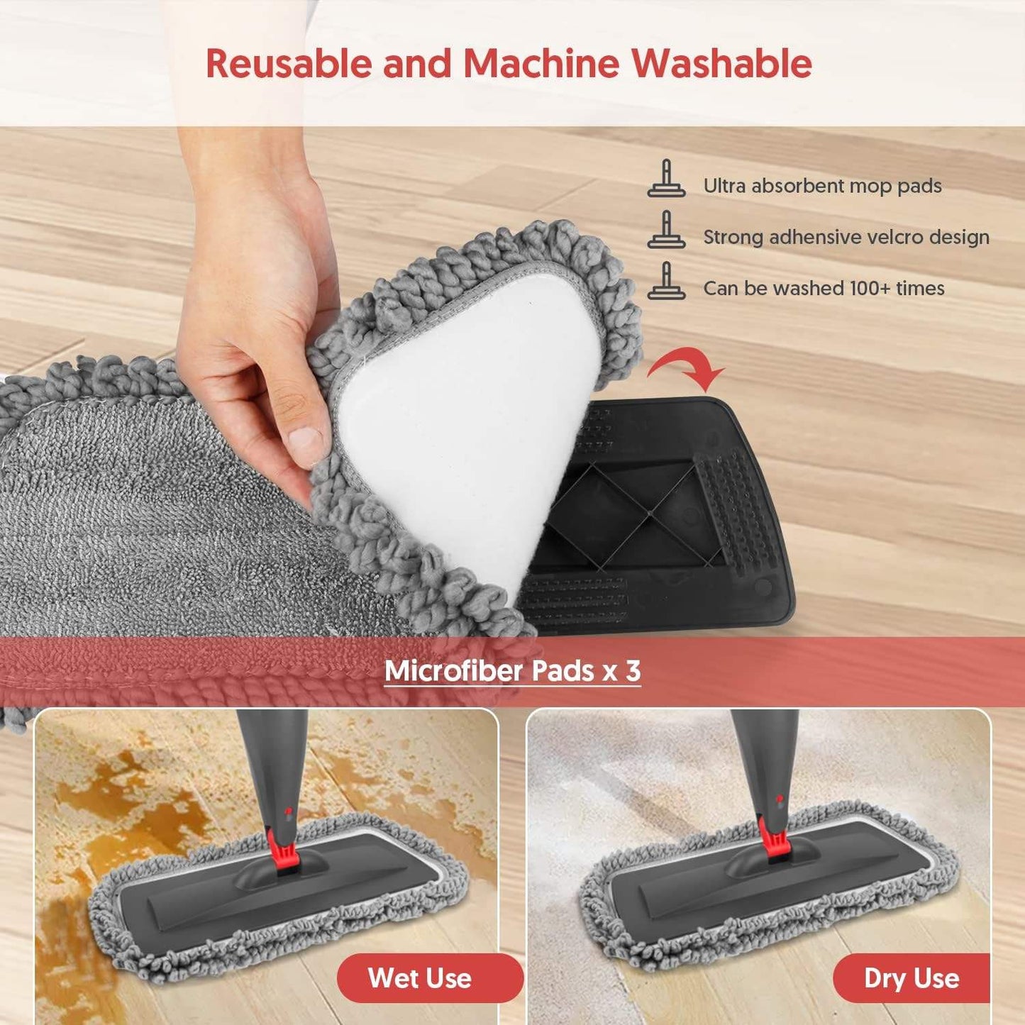 Microfiber Spray Mop Floor Cleaner with 3 Washable Pads Refillable Water Tank Flat Mop System MFM2295