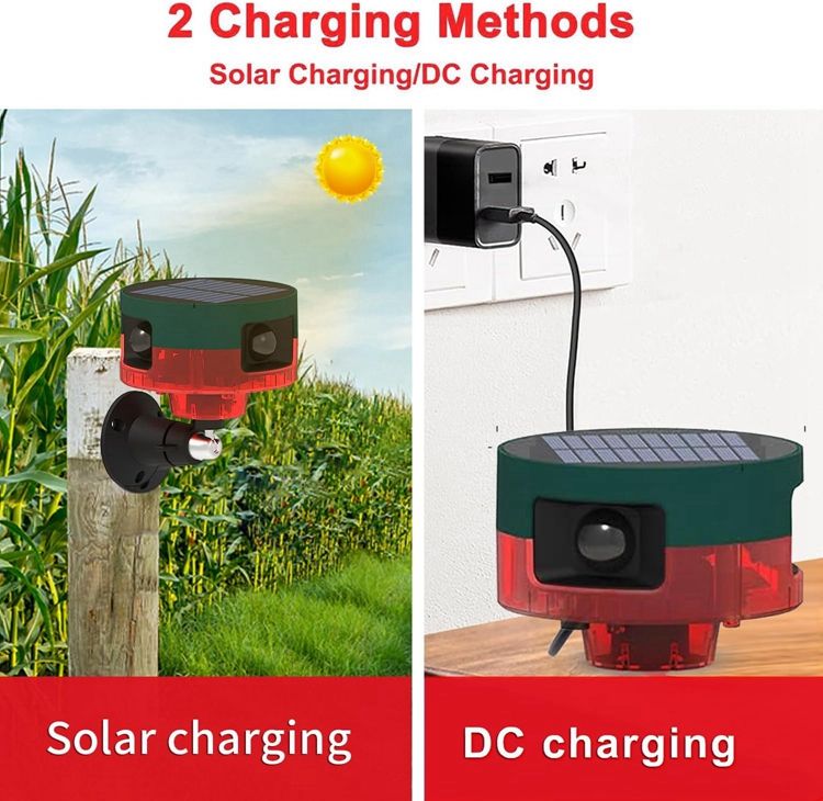 360 Degree Solar Motion Alarm 110dB Dog Barking Gunshot Siren Strobe Light MFRE911S