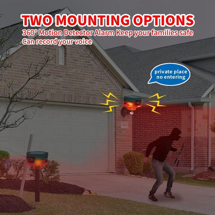 360 Degree Solar Motion Alarm 110dB Dog Barking Gunshot Siren Strobe Light MFRE911S