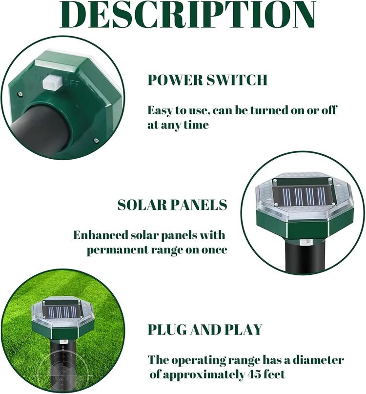 Solar Ultrasonic Mole Repellent Stake Outdoor Pest Deterrent Waterproof Garden MFRN102C